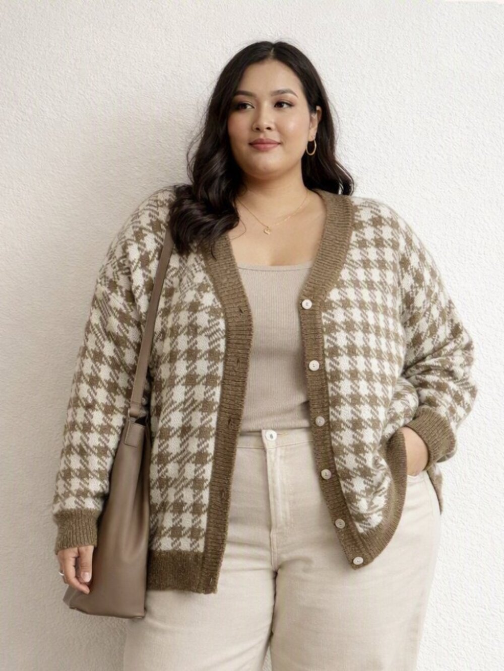 SHEIN Taupe & Cream Houndstooth V-Neck Cardigan